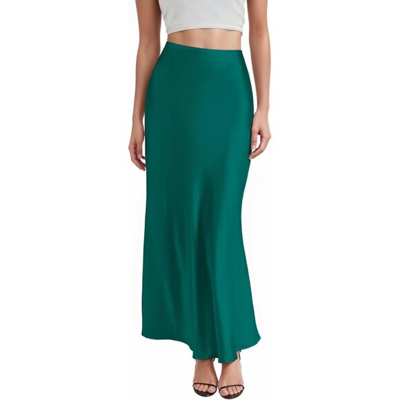 Women's Green Silky Satin Fabric Stretch High Waist Casual Pull On Maxi Skirt